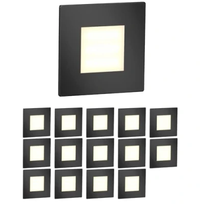 Image de ledscom.de 15 pièces Lumière d&#039;escalier LED/lampe murale encastrée FEX pour l&#039;intérieur et l&#039;extérieur, carrée, noire, 85 x 85mm, blanc chaud