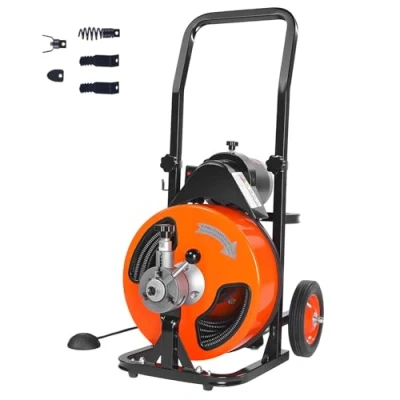 Image de VEVOR Déboucheur Électrique de Canalisation 15 m x 9,5 mm Machine Nettoyage Tuyaux Alimentation Auto Nettoyeur Tubes Pro 4 Coupeurs Commande à Pied pour 50 100 cm WC Égouts Toilettes