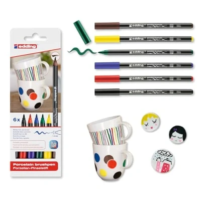 Image de edding 4200 Feutre pointe pinceau pour porcelaine multi couleur 6 stylos 1 4 mm peindre et décorer la céramique, va au lave vaisselle, encre opaque, séchage rapide