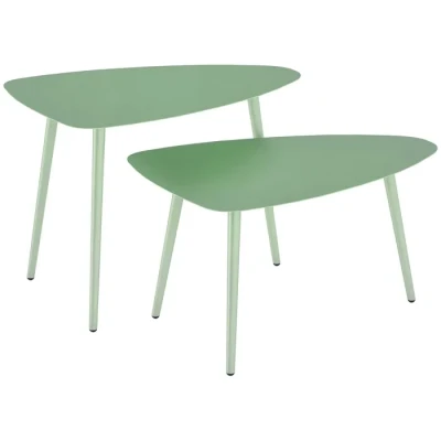 Image de Lot de 2 tables basses jardin Outsunny gigognes triangulaires cadre en acier avec patins ajustables vert clair