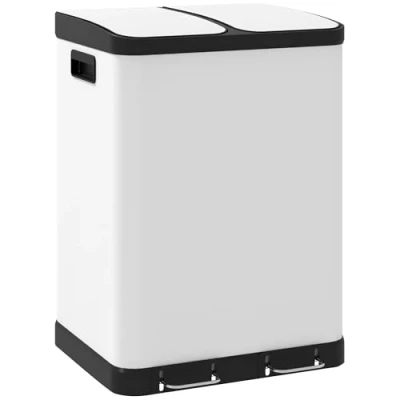 Image de HOMCOM poubelle de cuisine 2 x 30L à pédale en acier inoxydable avec compartiments, couvercle fermeture douce, seaux intérieurs amovibles, pour le recyclage et les déchets, blanc