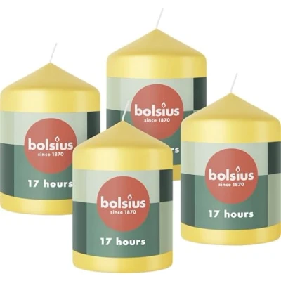 Image de Bolsius Lot de 4 Bougies pilier Jaune 8 x 6 cm décoratives Longue durée combustion 17 heures Non parfumées 5% cire végétalienne naturelle Sans huile palme
