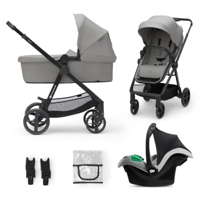 Image de Kinderkraft NEWLY 3 en 1 Poussette, Avec Siège Auto MINK PRO I Size 2 360 degrés, Poussette Canne, Trio, SYSTÈME DE VOYAGE, Landau Bébé, Accessoires, Adaptateurs, Nacelle, Jusqu’à 22 kg, Gris
