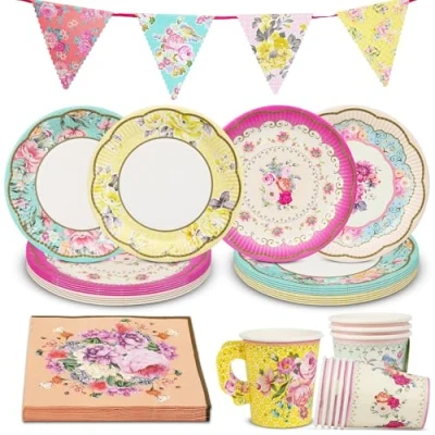 Image de Talking Tables Ensemble de vaisselle florale et décorations vintage Pour 12 invités Assiettes serviettes en papier, tasses, fanions nappe anniversaire, mères, fête prénatale