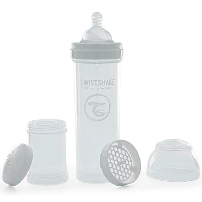 Image de Anti Colic Baby Bottle with Milk Powder Container and Mixer 330ml Fast Flow Silicone Breast Like Nipple BPA Free Suitable for 4+ Month Babies White