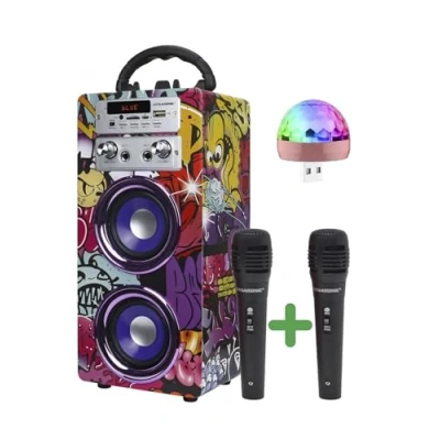Image de Machine à Karaoké Portable DYNASONIC avec 2 Micros, Enceinte Haut Parleur Bluetooth, Designs Exclusifs, Lecteur USB/SD, Lumières, Cadeau pour Enfants (Modele 12 lumière)