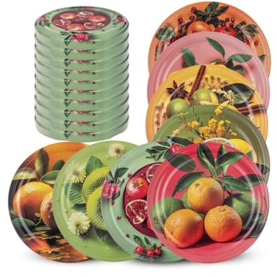 Image de KADAX Lot de 10 couvercles à visser Diamètre : 82 mm En métal Avec 6 dents d&#039;encliquetage Couvercle rechange pour les bocaux conserve Motif fruits exotiques