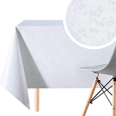 Image de Blanc Nappe Plastique Motif de Damassé Ressemblant Toile Ciree Rectangulaire 140x300 Moderne Qualité Facile à Nettoyer Floral PVC Essuyable Vinyle Epais