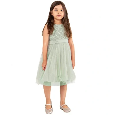 Image de Maya Deluxe Robe midi pour Filles avec Paillettes décorées, Tutu de Demoiselle d&#039;honneur, Mariage nœud Ceinture, Lys Vert, 9 Years