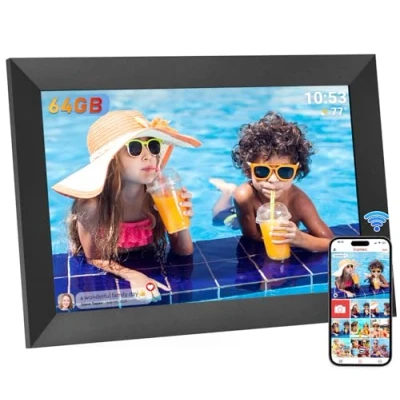 Image de Hesmor 64 Go Cadre Photo numérique Frameo WiFi 10,1&quot;, écran Tactile LCD IPS 1280 x 800, Rotation Automatique et Audio, Partage de Photos ou vidéos Via l&#039;application n&#039;importe oùn, Noir