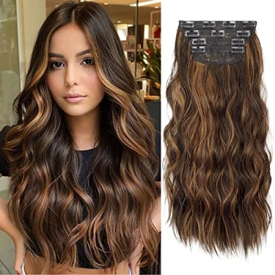 Image de Lot de 4 extensions cheveux synthétiques bouclés à clipser Pour femme 50,8 cm long tête complète (châtain et jaune foncé, pièces)