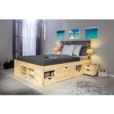 Image de Inter Link Lit double Multifonction Avec rangements fonctionnel tables de chevet 6 tiroirs 8 niches Bois massif 2 sommiers Nature Claas 180 x 200 cm