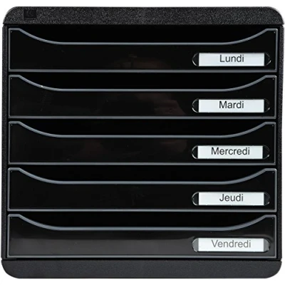 Image de Exacompta Réf. 3097214D BIG BOX PLUS Caisson 5 tiroirs pour document A4+ Dimensions extérieures : Profondeur 34,7 x largeur 27,8 Hauteur 27,1cm Noir/Noir glossy