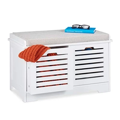 Image de Relaxdays, Blanc Espace Rangement, 2 paniers, Banc Cuisine rembourré, Style campagnard, Commode,HxlxP44x72x35cm, MDF, Polyester, Mousse, 1 élément