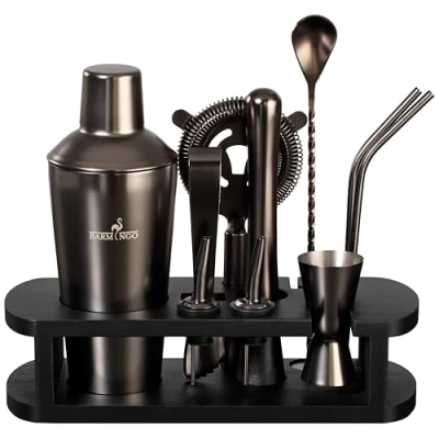 Image de BARMINGO Kit Cocktail en Acier Inoxydable 11 Pièces Volume de 700 ML Shaker avec Support et Accessoires Bar Barman Bars Noir Métallisé