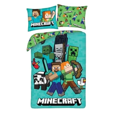 Image de MINECRAFT Parure de lit STEVE ALEX CREEPER Panda Housse couette réversible 140 x 200 cm + 1 taie d&#039;oreiller 70 90 100 % polyester excellente qualité Multicolore