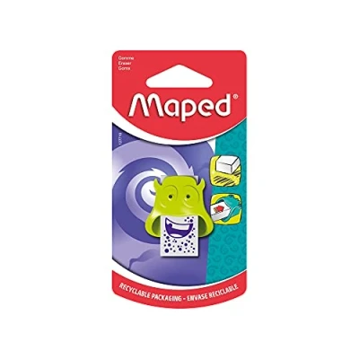 Image de Maped 1 Gomme blanche avec Motif Little Monster et Fourreau Rigolo Monstre &amp; Coloris Aléatoire Bleu, Vert ou Violet 127710