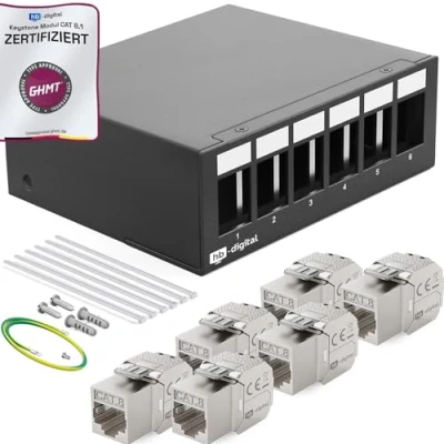 Image de HB DIGITAL Panneau de brassage réseau 6 ports 1U + modules Keystone CAT 8 RJ45 femelle Jack pour montage mural compatible avec câble pose 5e 6a 7 Ethernet LAN DSL noir