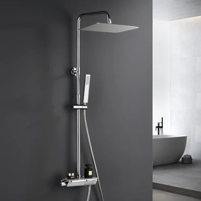 Image de Görbach Colonne de Douche avec Mitigeur Thermostatique, Acier inoxydable Système Robinetterie, Pommeau Douche, Douchette à Main, Barre Chromée (Rectangulaire 3525CP)