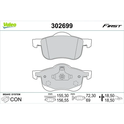Image de VALEO 302699 Jeu de plaquettes frein Essieu avant contact signal d&#039;usure exclu avec tôle anti bruit VOLVO: S60 I, V70 2, XC70 I Cross Country