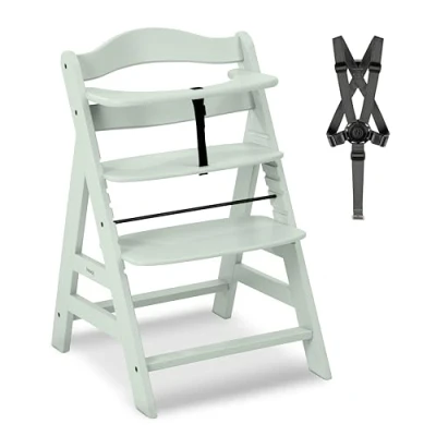 Image de hauck Chaise Haute Bébé Alpha Plus en Bois Évolutive dès 6 Mois, Réglable, Harnais 5 Points, Barre de Sécurité, Résistante Jusqu&#039;à 90 Kg Menthe