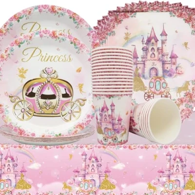 Image de Doyomtoy Vaisselle Princesse,61Pcs Kit Anniversaire Princesse,Princesse Partyware Set Décoration de fête Château Princesse Comprend Assiette,Gobelets en Papier Serviettes Nappe,20 invités