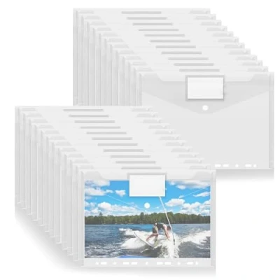Image de Pochette classeur A4, Mezzar 24 Pcs Chemise Plastique A 4, Transparent Pochettes Perforées A4 avec Rabat Fermeture à Pression et Etiquette pour Documents, Papier, Cartes (Transparent)
