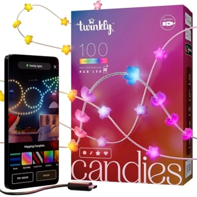 Image de Twinkly Strings Star 100 LED, Guirlande Leds en Forme d&#039;Étoile, Fil Lumineux LED Multicolore RGB, Compatible avec Alexa, Google Home, Lumières de Jeu, Alimentation USB C, Transparent, 6m