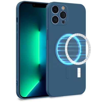 Image de MyGadget Coque Silicone [ Compatible avec MagSafe ] Apple iPhone 13 Pro Max Case TPU Souple &amp; Soft Doublure Microfibre Cover Protection Bleu Foncé