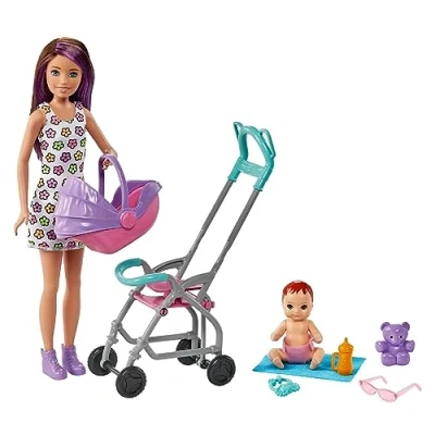 Image de Barbie Coffret Skipper Baby Sitter avec Poupée Brune, Poussette, Bébé et 5 Accessoires, Jouet Enfant, Dès 3 Ans, GXT34