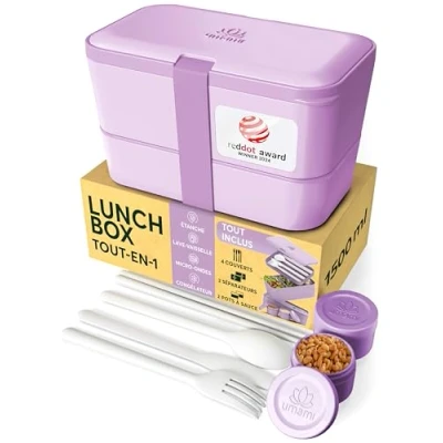 Image de Umami Bento Lunch Box, Couverts &amp; 2 Pots à Sauce Inclus, Boîte Bento, Lunchbox Micro Ondable, Adulte Encastrable, Repas 4 Compartiments,