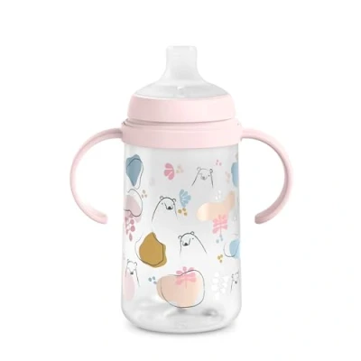 Image de Suavinex, Biberon à Anses, Tasse Apprentissage Bébé avec Bec Souple en Silicone, Système Anti Colique, Gourde Enfant Poignées, Antifuites, Passe au Lave Vaisselle, +6 Mois, 270 ml, Bears Rose