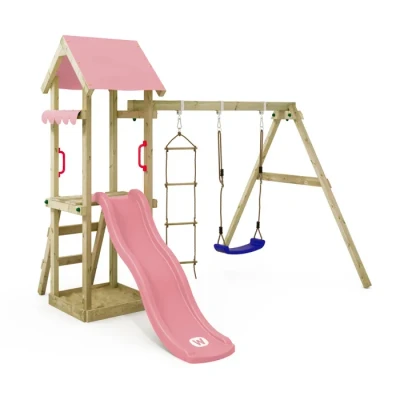 Image de Aire de jeux TinyCabin en bois avec balançoire et toboggan vert WICKEY