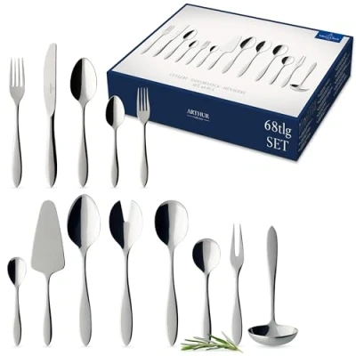 Image de Villeroy &amp; Boch Arthur Ménagère Couverts 68 Pièces Pour 12 Personnes Argent/Platine, Garanti Lave Vaisselle, Couvert En Argent, Ensemble Couvert, Set De Table , Acier Inoxydable
