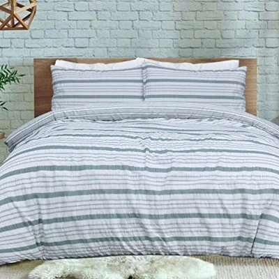 Image de Sleepdown Parure de lit réversible en Seersucker avec Housse Couette et taie d&#039;oreiller à Rayures Vertes Blanches pour Simple (135 x 200 cm)