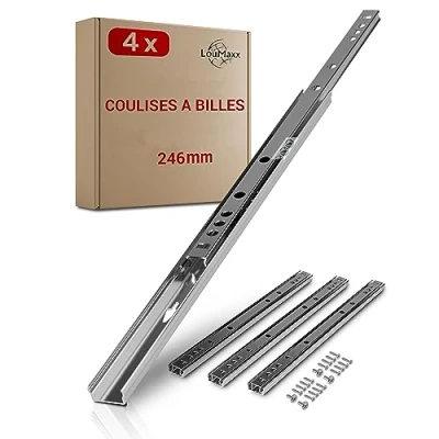 Image de LouMaxx Lot de 4 glissières à billes (2 paires), 246 mm, 17 coulissantes pour tiroirs, système rails partielles, tiroirs qualité supérieure, faciles installer