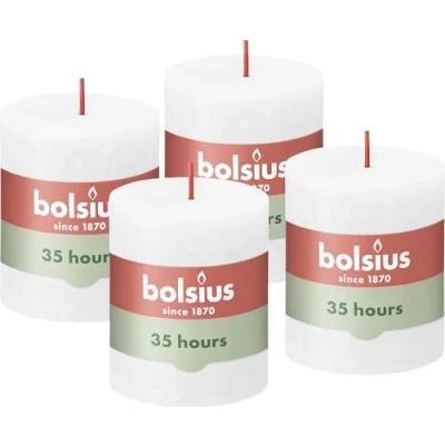 Image de Bolsius Lot de 4 bougies pilier rustiques Blanc Longue durée combustion 35 heures Bougie d&#039;intérieur Non parfumée Cire végétalienne naturelle Sans huile palme 8 x 6,8cm