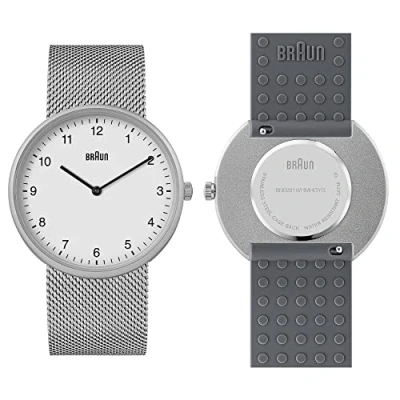 Image de Braun Montre à Quartz analogique 2 Aiguilles, Cadran Blanc, Bracelet en Acier Inoxydable avec Caoutchouc de Silicone Gris supplémentaire, 38 mm, Modèle BN0281WHMHGYG.