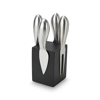 Image de DasBesondereGeschenk Novo Bloc en bois verni avec 4 couteaux à fromage mats aimantés acier inoxydable brossé Noir