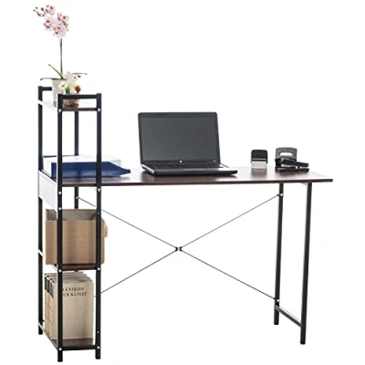 Image de CLP Bureau Design Poe avec Plateau en Bois I Table De Travail Cadre Tubes d&#039;acier D&#039;Ordinateur Colonne Rangement, Couleur:Noyer