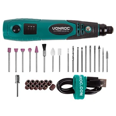 Image de VONROC Outil multifonction rotatif 4V graver, poncer, polir, fraiser 32 accessoires, chargeur et lampe LED inclus