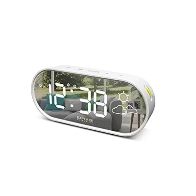 Image de Explore Scientific RDC2002W Horloge avec Affichage Miroir, Heure et température intérieure, prévisions du Temps à icônes, Double Alarme, 3 Niveaux de luminosité, contrôle Soft Touch, Port USB, Blanc