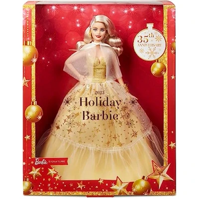 Image de Barbie Signature Joyeux Noël 2023, Poupée Collector Spéciale Fêtes avec Robe de Soirée Dorée, Cheveux Blonds et Emballage Présentation, À Collectionner, Jouet pour Enfant 3 Ans Plus, HJX08