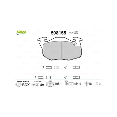 Image de VALEO 598155 Jeu de plaquettes frein Essieu avant contact signal d&#039;usure inclus sans tôle anti bruit PEUGEOT: 306 3/5 portes, 106 II portes
