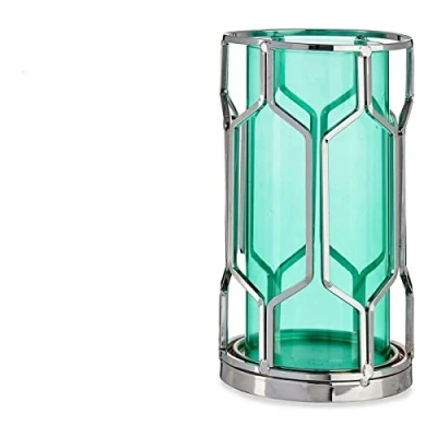 Image de Bougeoir argenté bleu métal verre (11,5 x 19,5 11,5 cm)