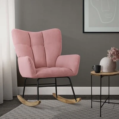 Image de ML Design Fauteuil à Bascule Rose, avec Housse en Tissu Éponge, Structure Acier, Pieds Bois Naturel, Chaise de Relax, Relaxation Oscillant Rembourré, pour Salon Chambre Coucher