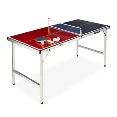 Image de Relaxdays Table de ping Pong Pliante, Portable, Filet, 2 Raquettes, 3 balles, Alu, MDF, 67,5 x 151 cm, Rouge/Bleu, 1