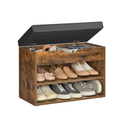 Image de VASAGLE Banc à Chaussures, Meuble Chaussures avec Siège Rembourré, d’Entrée 3 Compartiments et Assise Rembourrée, 30 x 60 44 cm, pour Entrée, Chambre, Salon, Marron Rustique LHS020K03