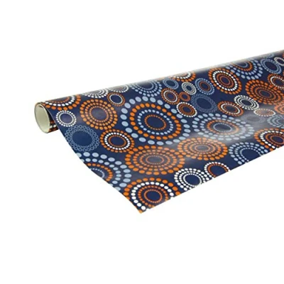 Image de Clairefontaine 211405AMZC Un Carton De 10 Rouleaux Papier Cadeau Alliance 60g Dimensions : 2x0,70m Motif Cercles Oranges, Bleus, Blancs, Fond Bleu Emballage