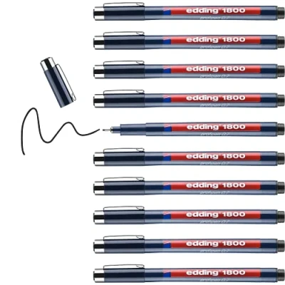 Image de edding 1800 Feutre fin de précision Noir 10 stylos Largeur trait,7 mm pour une écriture et des esquisses précises Pointe fine gainée métal adapté aux règles pochoirs